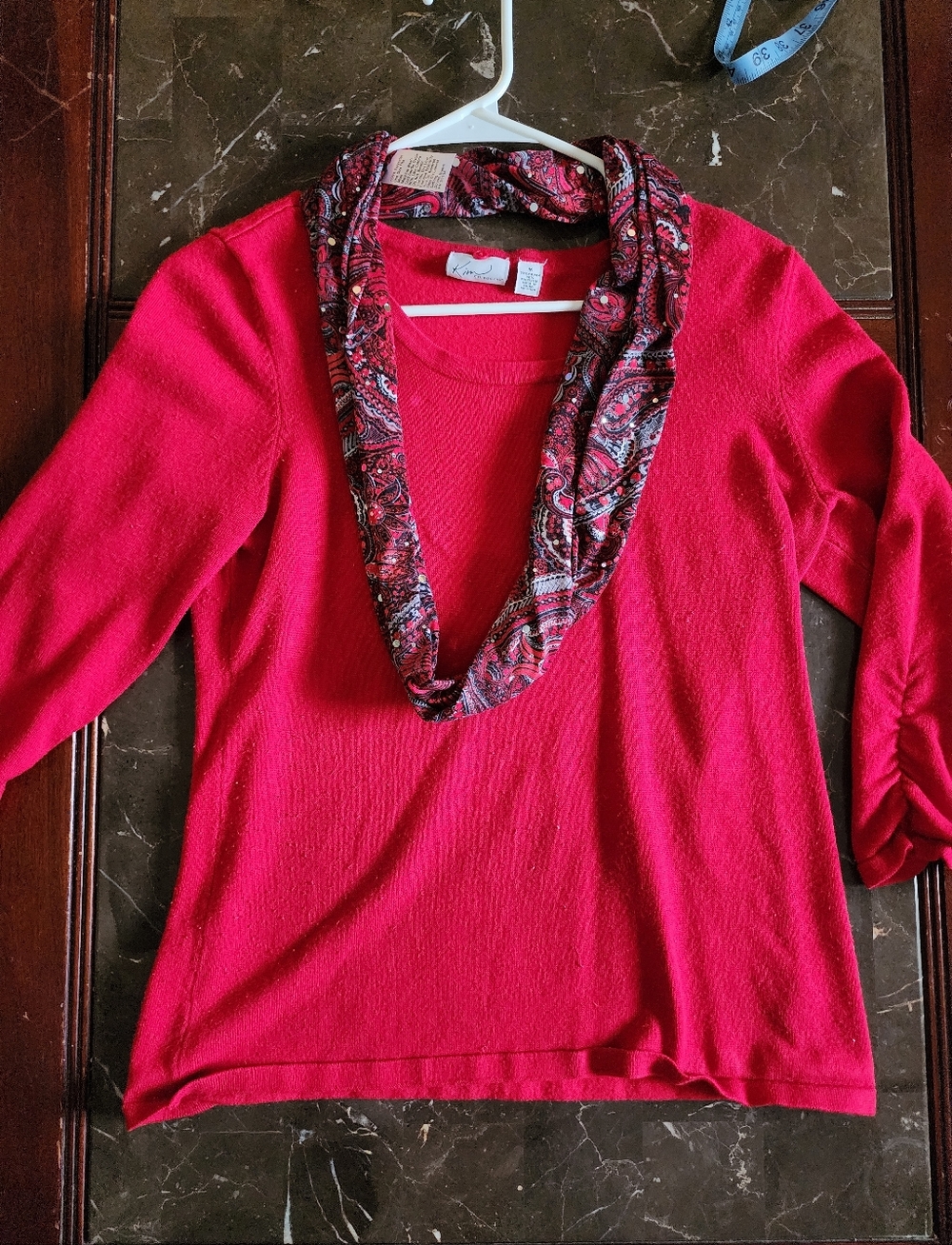 Kim Rogers Red Scoop Neck Sweater with Paisley Scarf Medium